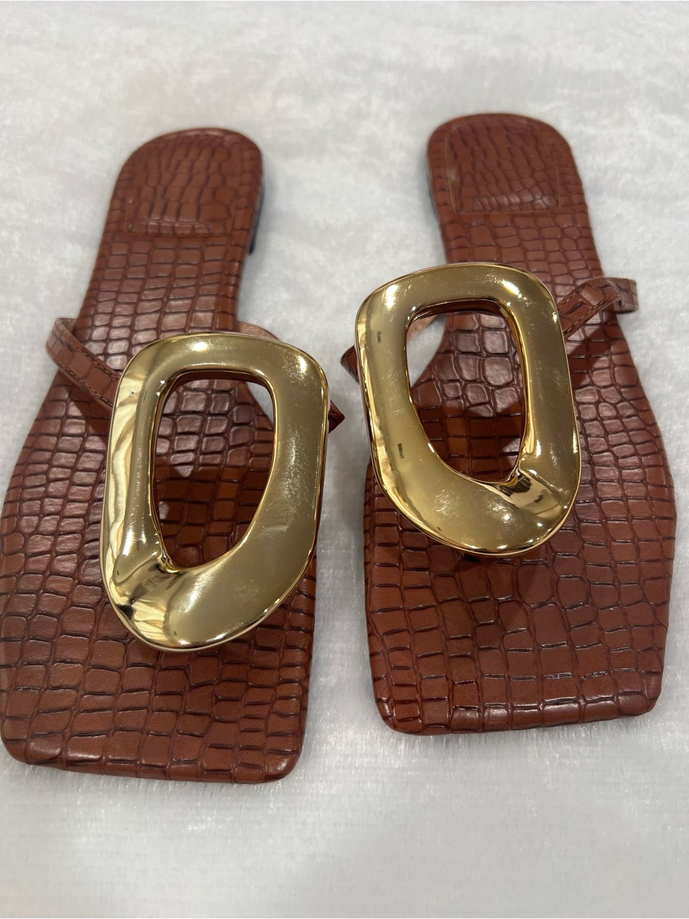 Brown Croc-Embossed Slide Sandals with Gold Accent